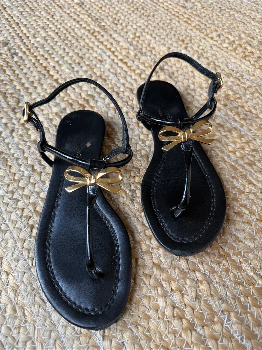 Kate Spade Black Leather Gold Bow T-Strap Sandals